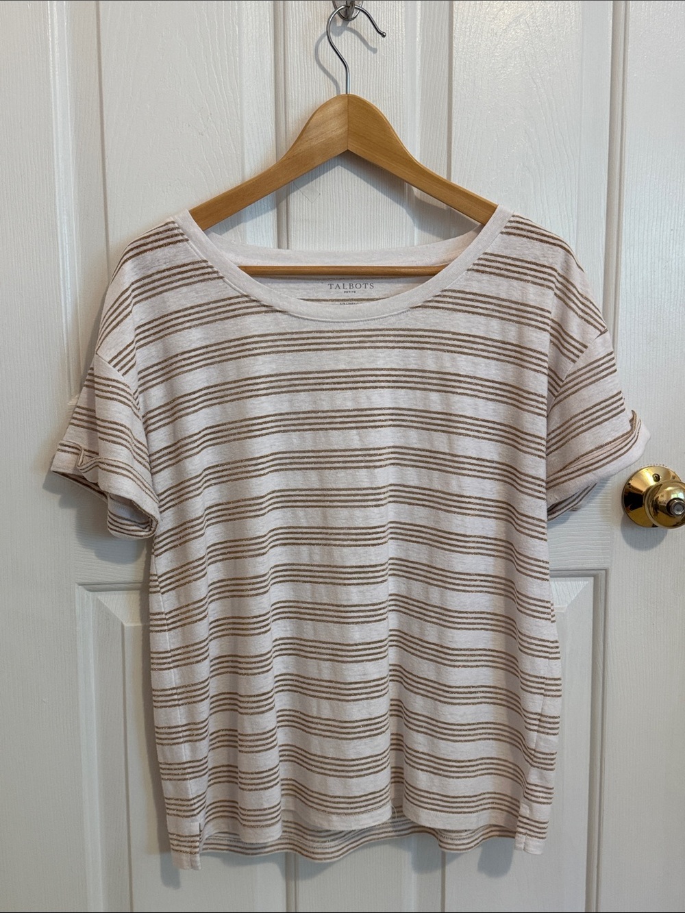 Talbots white/light cream linen tee with Gold Stripes - Short Sleeves Cuffed